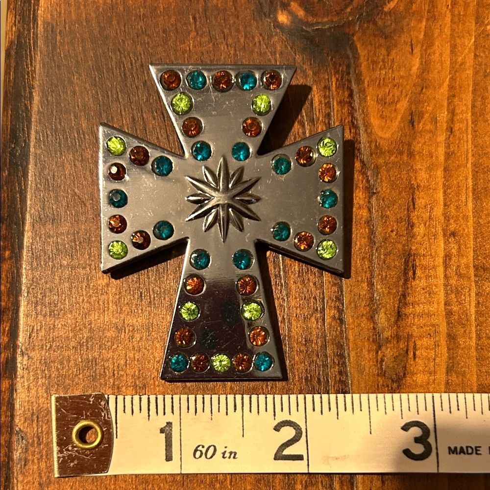 Silver Tone Cross Pendant with Colorful Gemstones